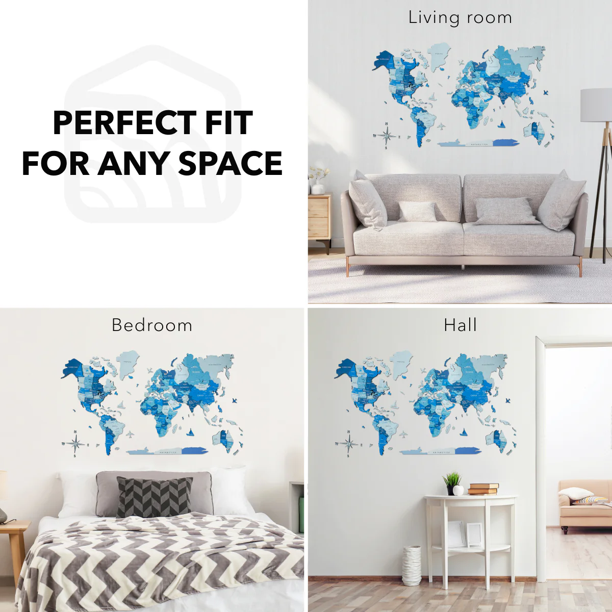 3D Wooden World Map Azure - Image 10