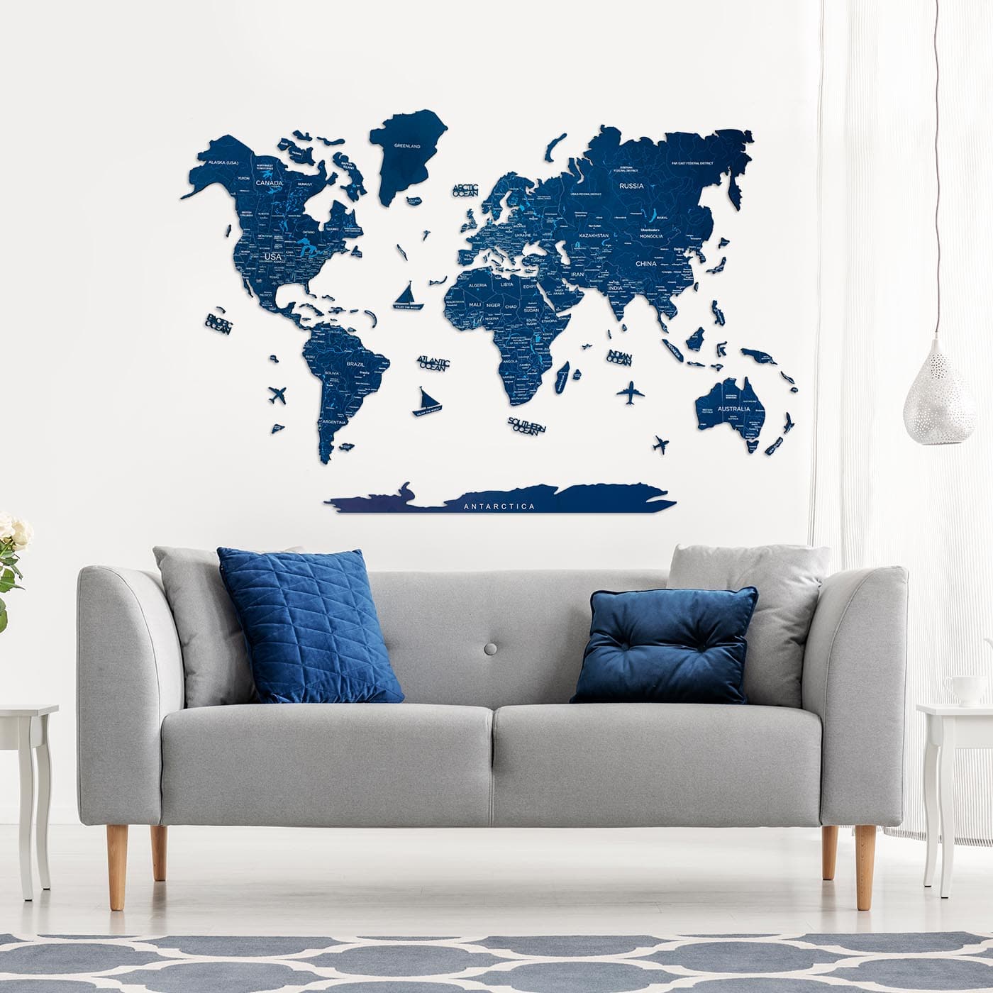 Wooden World Map Navy Blue - Image 3